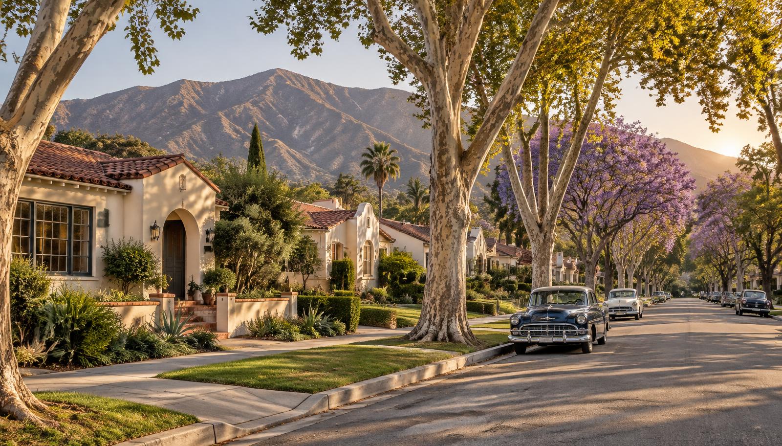 Sunny tree-lined Burbank residential street with 1940s bungalows and the Verdugo Mountains behind
